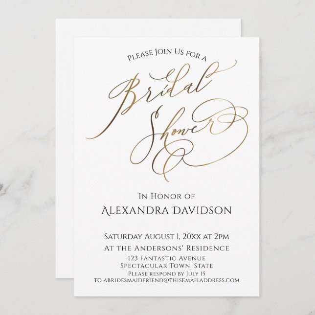 Simple Elegant Gold Typography Bridal Shower Invitation (Front/Back)