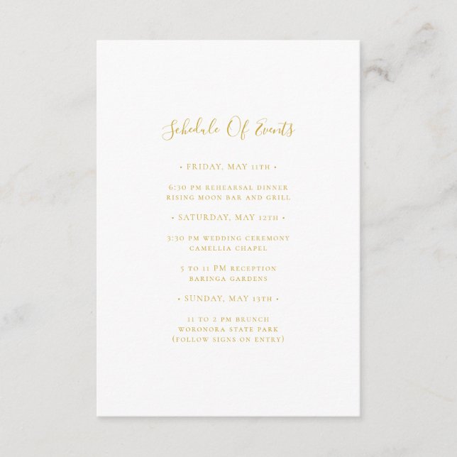 Simple Elegant Gold Wedding Schedule of Events Enclosure Card (Front)