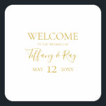 Simple Elegant Gold Wedding Welcome Square Sticker<br><div class="desc">This simple elegant gold wedding welcome square sticker is perfect for your modern minimalist white and gold wedding. The design features minimal contemporary gold font accompanied by formal calligraphy. Keep it as is,  or choose to personalise it with your own artwork or photos!</div>