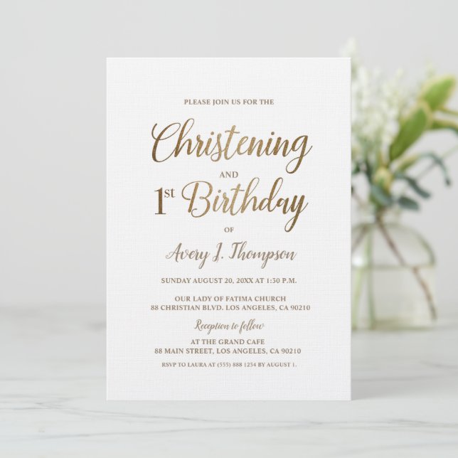 Simple Elegant Gold White Christening 1st Birthday Invitation (Standing Front)