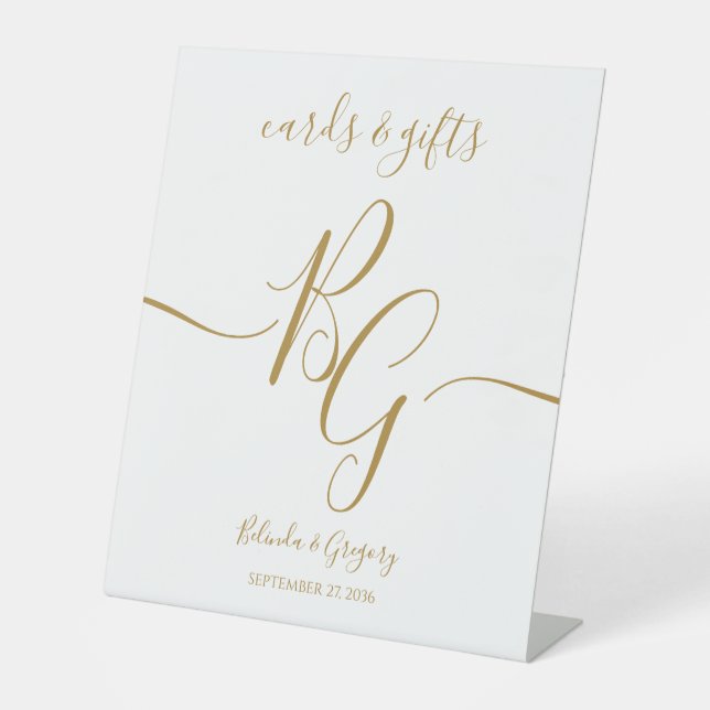Simple Elegant Golden Initial Wedding Cards Gifts Pedestal Sign (Front)