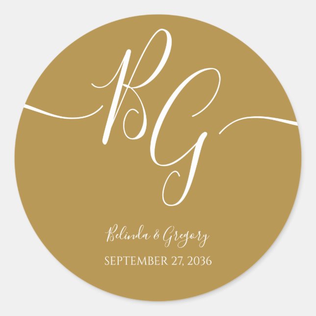 Simple Elegant Golden Initials Wedding Classic Round Sticker (Front)