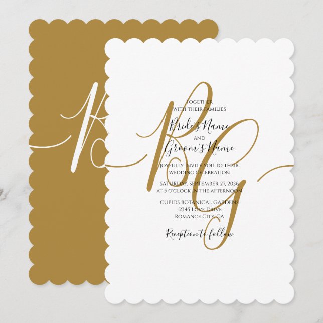Simple Elegant Golden Initials Wedding Invitations (Front/Back)