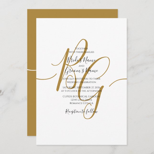 Simple Elegant Golden Initials Wedding Invitations (Front/Back)
