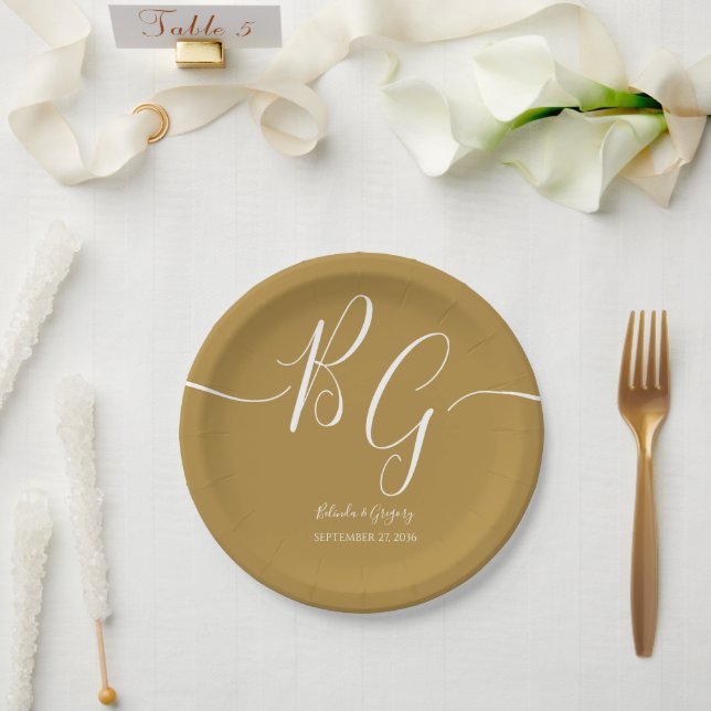Simple Elegant Golden Initials Wedding Paper Plate (Wedding)