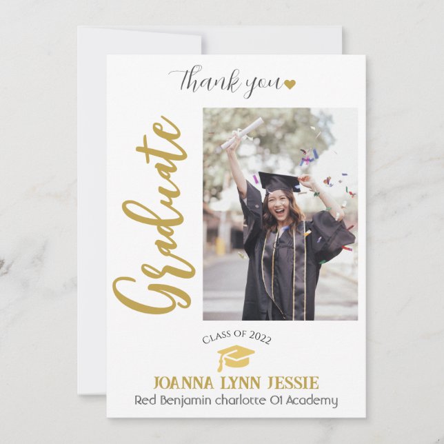 Simple Elegant Graduation gold Cap Thanks Script Thank You Card (Front)