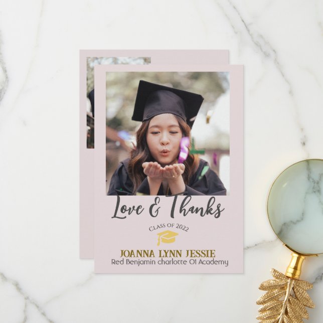 Simple Elegant Graduation gold Cap Thanks Script  Thank You Card (Front/Back In Situ)