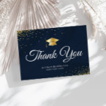 simple elegant graduation thank you postcard<br><div class="desc">A lovely gold,  blue and white design with lovely script. The text and colours can be personalised.</div>
