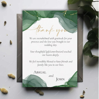 Simple elegant green and gold wedding thank you card