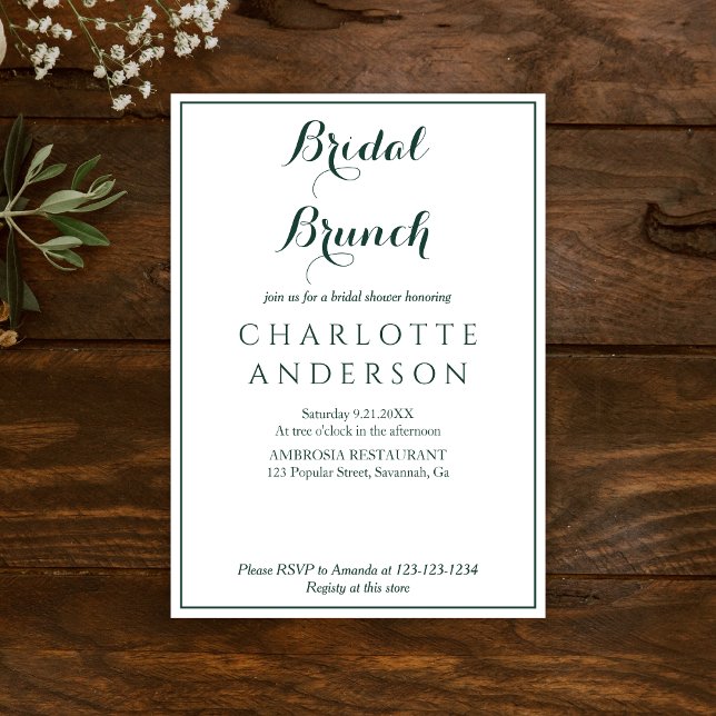 Simple Elegant Green  Bridal Shower Bridal Brunch Invitation (Creator Uploaded)