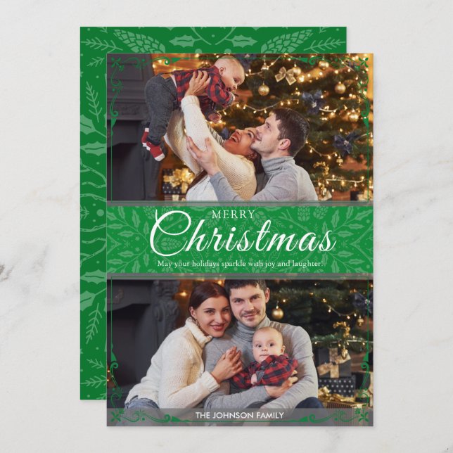 Simple Elegant Green Frame 2 Photo Christmas Holiday Card (Front/Back)