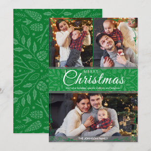 Simple Elegant Green Frame 3 Photo Christmas Holiday Card
