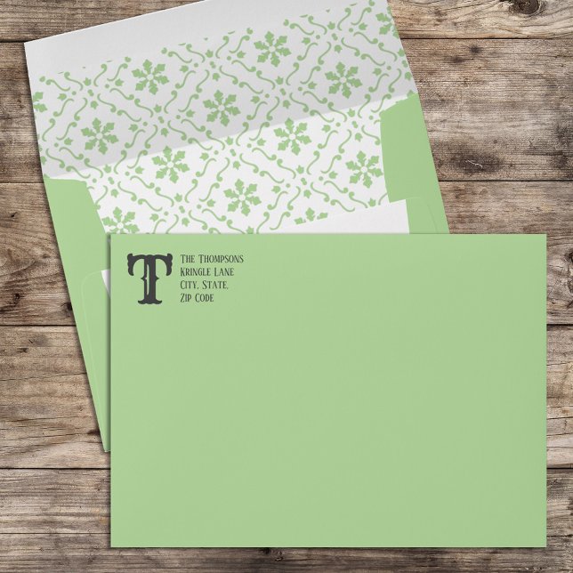Simple Elegant Green Holiday Christmas 5x7 Envelope (Green holiday snowflake pattern return address envelope)