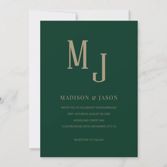 Simple Elegant Green Roman Monogram Wedding Invitation (Front)