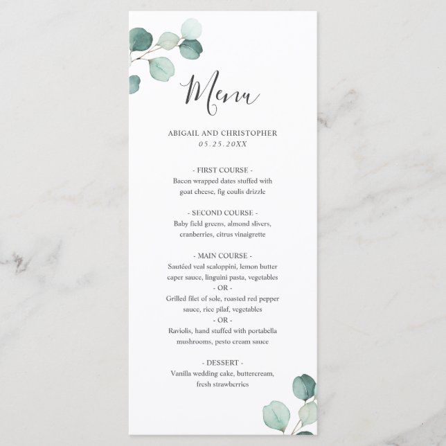 Simple Elegant Greenery Eucalyptus Wedding Menu (Front)