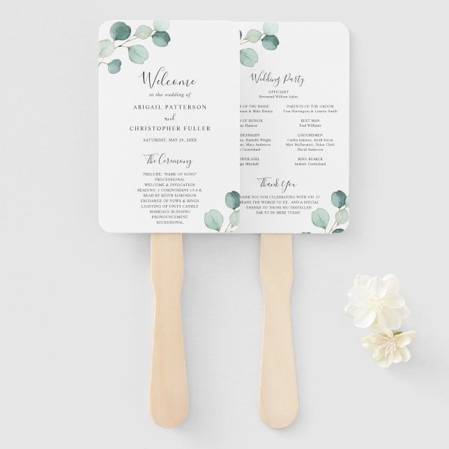 Simple Elegant Greenery Eucalyptus Wedding Program Hand Fan (Front and Back)