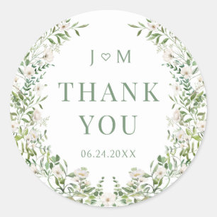 Simple elegant greenery floral wedding thank you classic round sticker