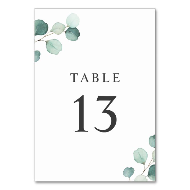 Simple Elegant Greenery Rustic Eucalyptus Wedding Table Number (Front)