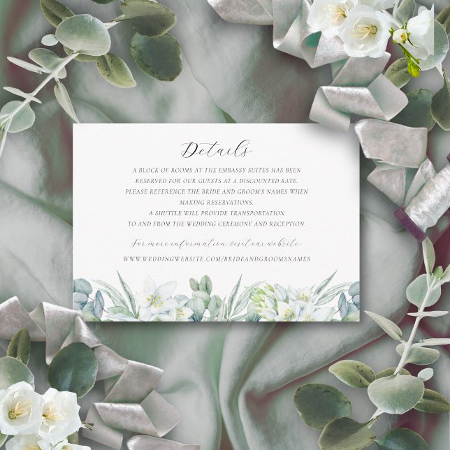 Simple Elegant Greenery Wedding Details Enclosure Card (Wedding details enclosure card with white flowers and greenery)