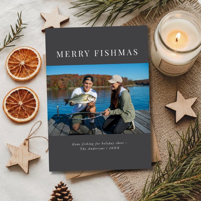Simple Elegant Grey Merry Christmas Fishing Photo Holiday Card (Creator Uploaded)