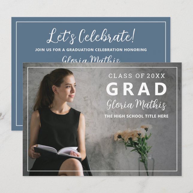Simple Elegant Grey & White Photo Graduation Party Invitation (Front/Back)