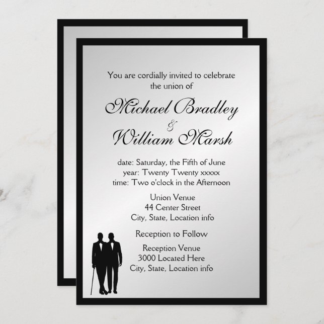 Simple Elegant Groom and Groom Gay Silver Wedding Invitation (Front/Back)
