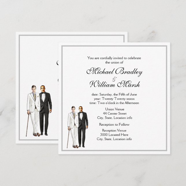 Simple Elegant Groom and Groom Gay White Wedding Invitation (Front/Back)