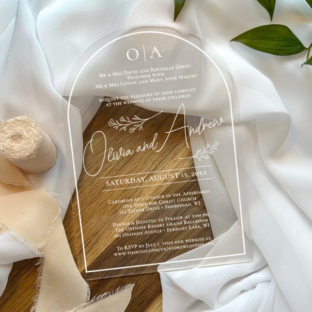 Simple Elegant Hand Drawn Botanical Wedding Arch Acrylic Invitations (Simple monogram all white floral botanical modern monochrome script acrylic arch wedding invitation)