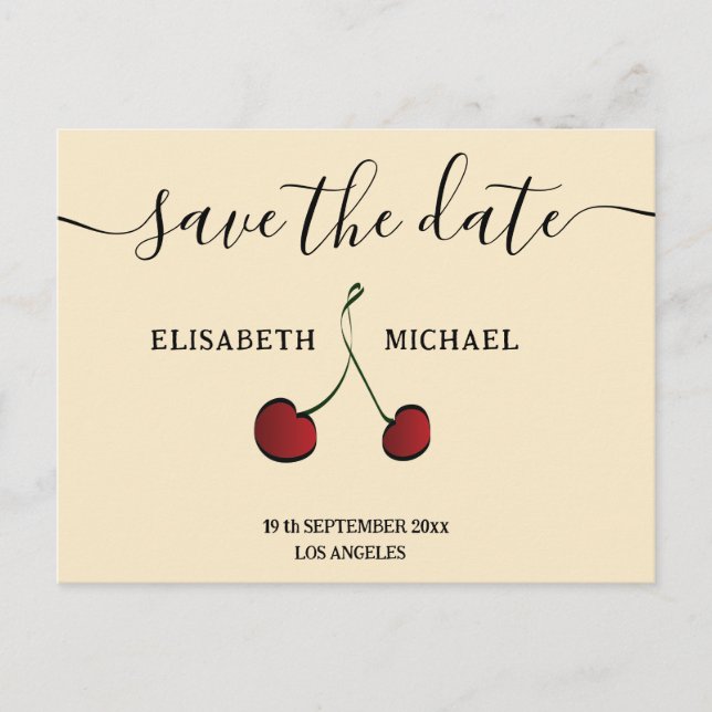 Simple elegant hand drawn whimsy red cherry announcement postcard (Front)