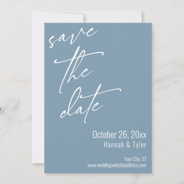 Simple Elegant Handwriting Script Dusty Blue Save The Date (Front)