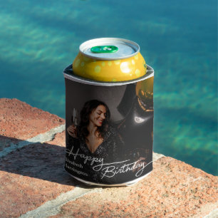 Simple Elegant Happy Birthday Photo Can Cooler