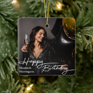 Simple Elegant Happy Birthday Photo Ceramic Ornament
