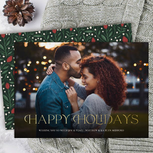 Simple Elegant Happy Holidays Floral Back  Foil Holiday Card