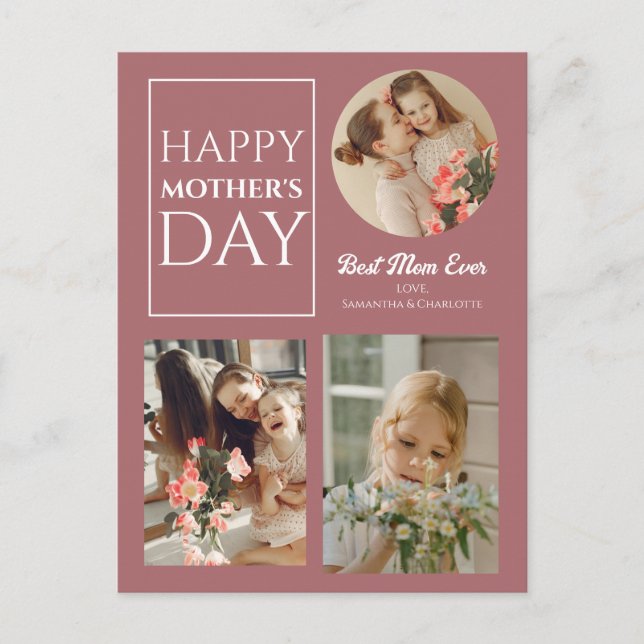 Simple Elegant Happy mothers Day three photo Holiday Postcard (Front)