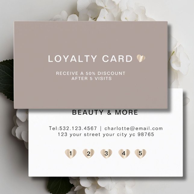 Simple Elegant Heart 5 Visit Loyalty Card (Personalized Simple Elegant Heart 5 Visit Loyalty Card Brown White Gold.)