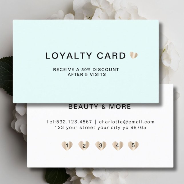 Simple Elegant Heart 5 Visit Loyalty Card (Personalized Simple Elegant Heart 5 Visit Loyalty Card Mint White Gold.)