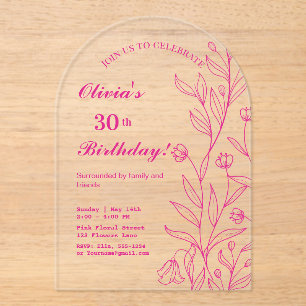 Simple Elegant Hot Pink Floral Birthday  Acrylic Invitations