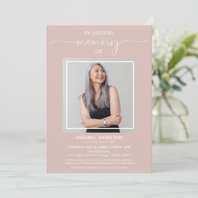 Simple Elegant In Loving Memory Funeral Photo Invitation (Standing Front)