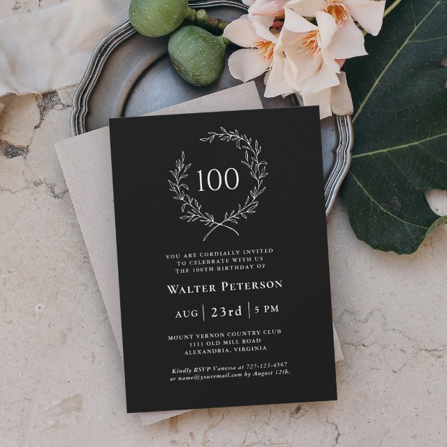Simple Elegant Laurel Wreath 100th Birthday Invitation (Classic elegance for a memorable 100th Birthday Celebration. )