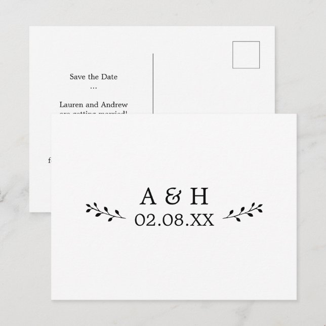 Simple Elegant Leaf Motif Monogram Save the Date Postcard (Front/Back)