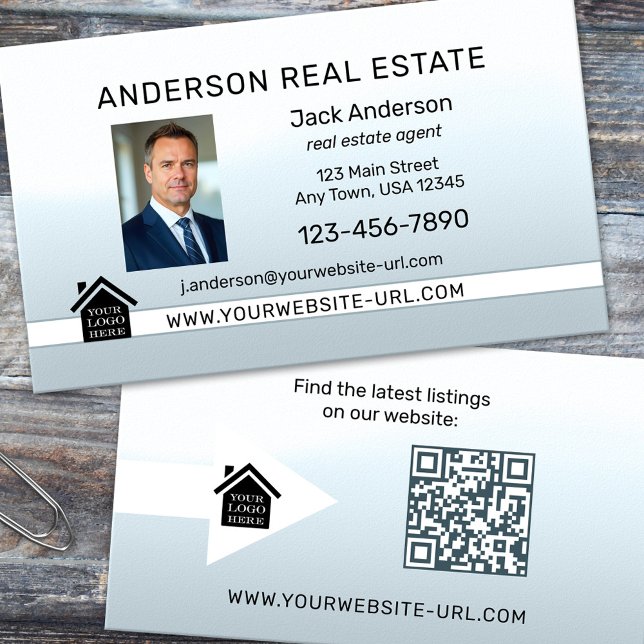 Simple Elegant Light Blue Photo Real Estate  Business Card (Business card featuring your custom photo on a light blue simple elegant design + logo and QR code)