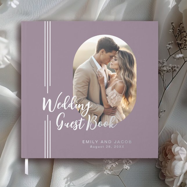 Simple Elegant Lines Oval Photo Wedding Guest Book (Real gold foil accents! Shown here in white gold (silver).)