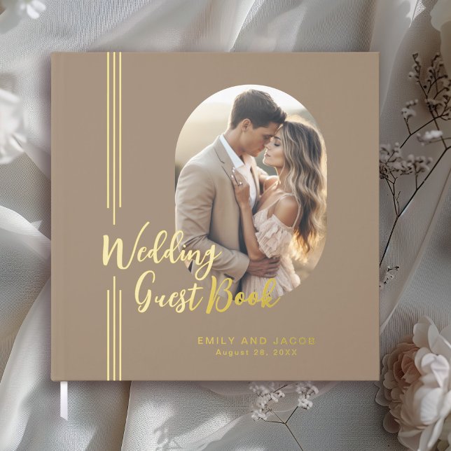 Simple Elegant Lines Oval Photo Wedding Guest Book (Real gold foil details!)