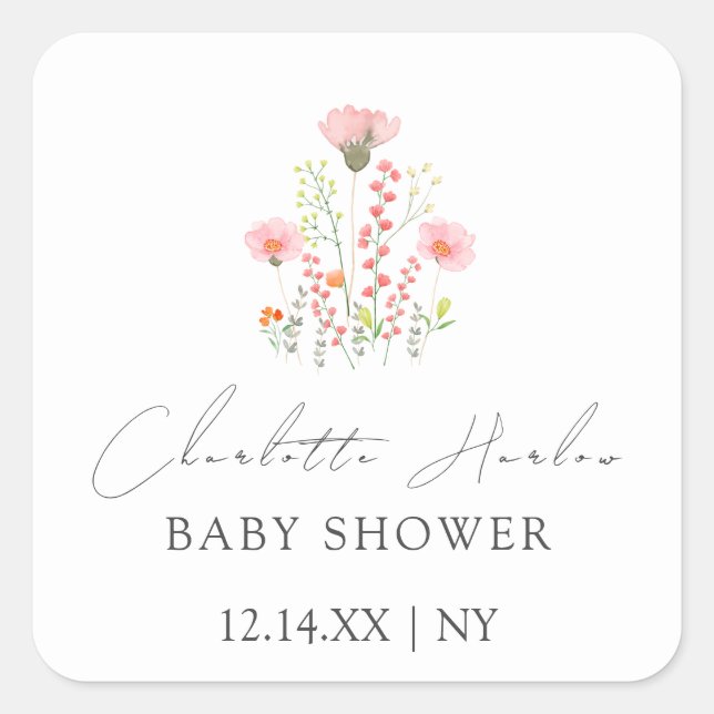 Simple Elegant Little Wildflowers Baby Shower Square Sticker (Front)