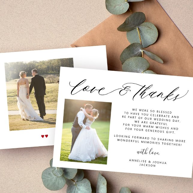 Simple elegant love and thanks 2 photos wedding thank you card (Creator Uploaded)