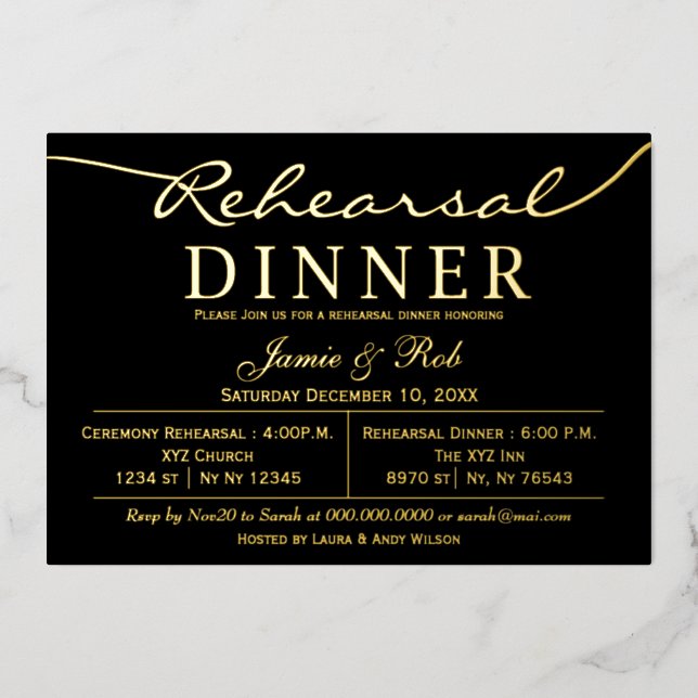Simple Elegant Luxe Black Gold Rehearsal Dinner   (Front)