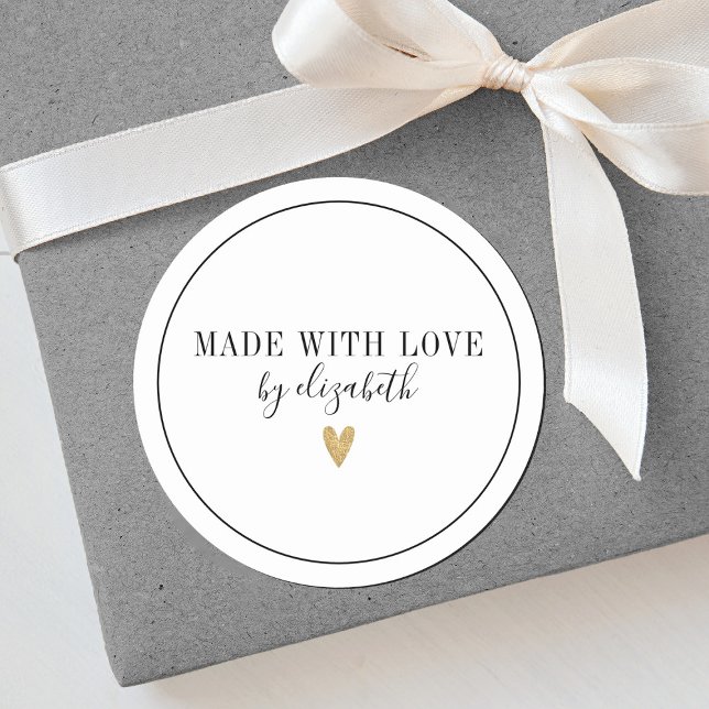 Simple Elegant Made With Love Label (An elegant black and white made with love sticker with a gold heart)