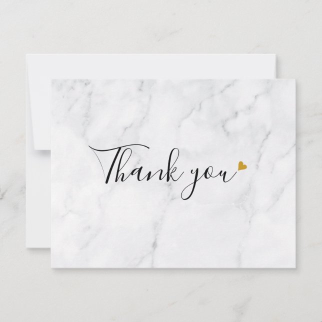 Simple Elegant Marble Script Gold Heart Thank You Card (Front)