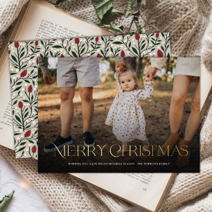 Simple Elegant Merry Christmas Floral Back  Foil Holiday Card