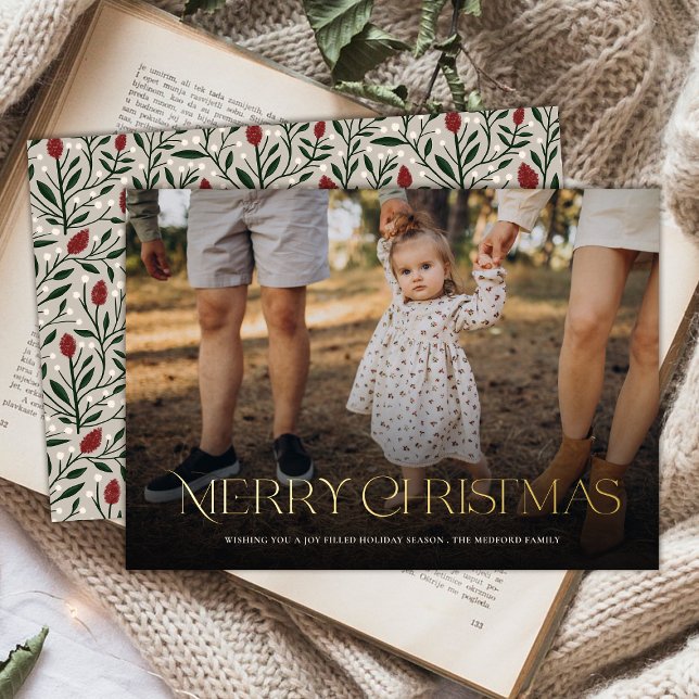 Simple Elegant Merry Christmas Floral Back  Foil Holiday Card (Creator Uploaded)